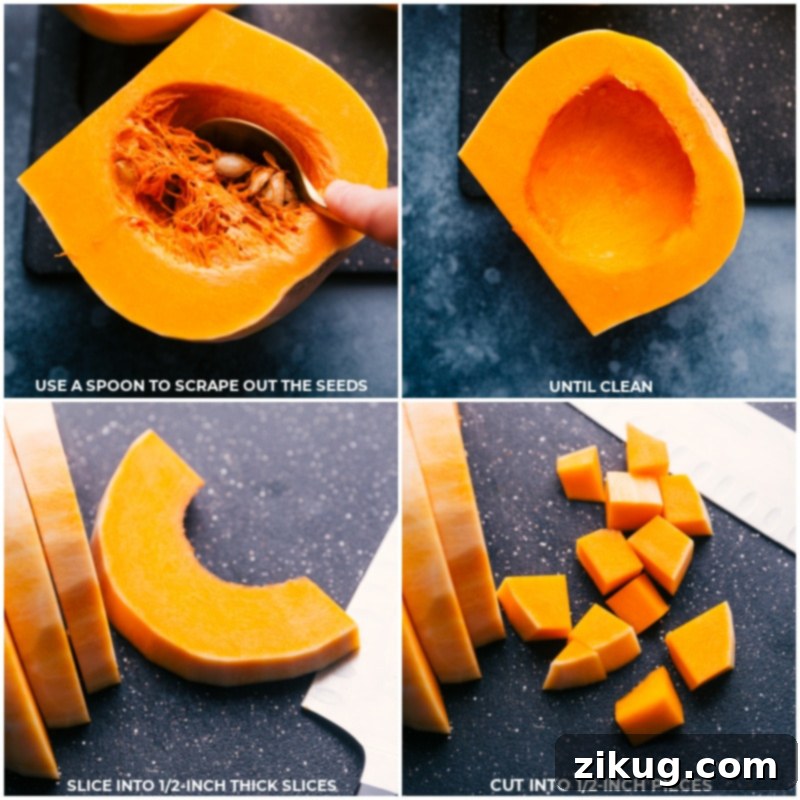 Butternut Squash Seed Removal and Dicing Process shots demonstrating how to scrape out the seeds and chop the butternut squash into even pieces.