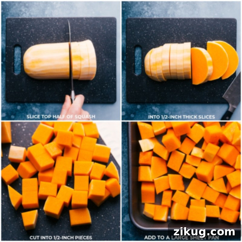 Dicing and Arranging Butternut Squash on a Baking Sheet Process images illustrating how to chop vegetables into uniform pieces and arrange them on a prepared sheet pan for roasting.