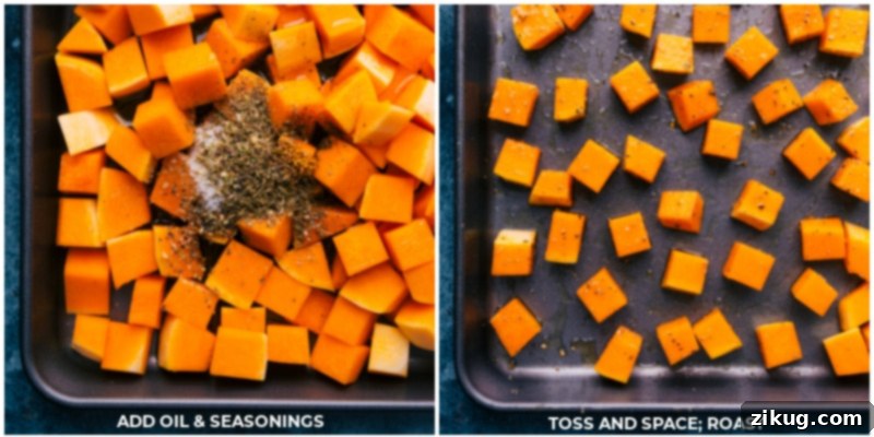 Seasoning and Tossing Roasted Butternut Squash Process shots of roasted butternut squash being seasoned and tossed together with herbs and spices.