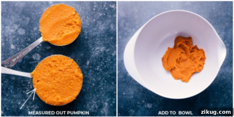 Measuring and Adding Pumpkin Puree to Mixing Bowl Pumpkin puree being precisely measured into a glass measuring cup and then carefully transferred into a larger mixing bowl, ready for combining with other ingredients.