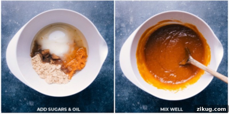 Combining Sugars and Oil with Pumpkin for Muffins Sugar and melted oil being poured into a bowl with pumpkin puree, then being expertly stirred together to form a smooth, well-combined wet mixture for the muffins.