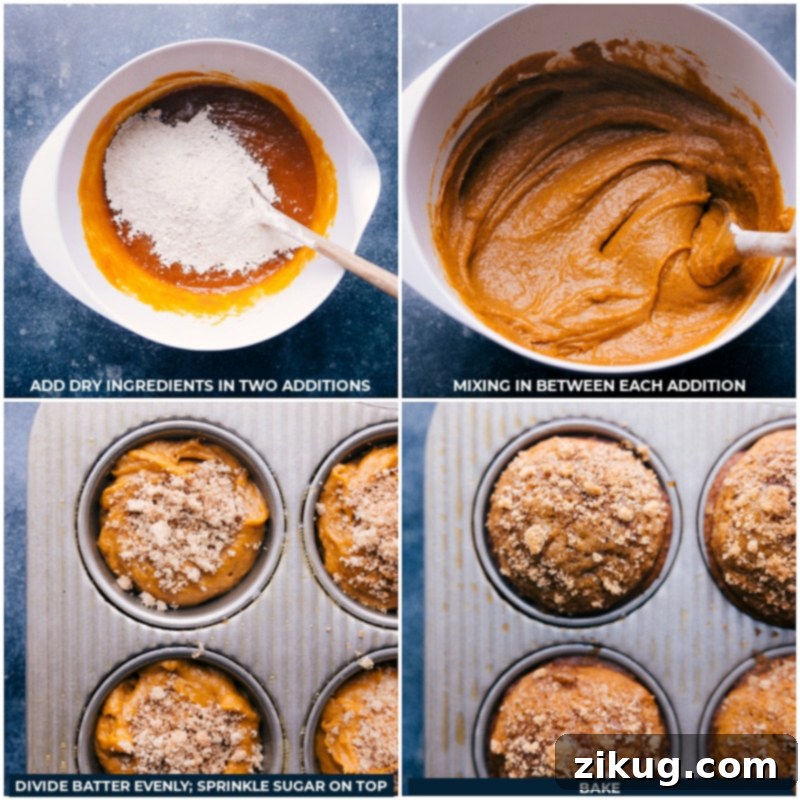 Portioning Pumpkin Muffin Batter into Pans Uniform scoops of pumpkin muffin batter perfectly portioned into prepared muffin pan cups, ready for baking.