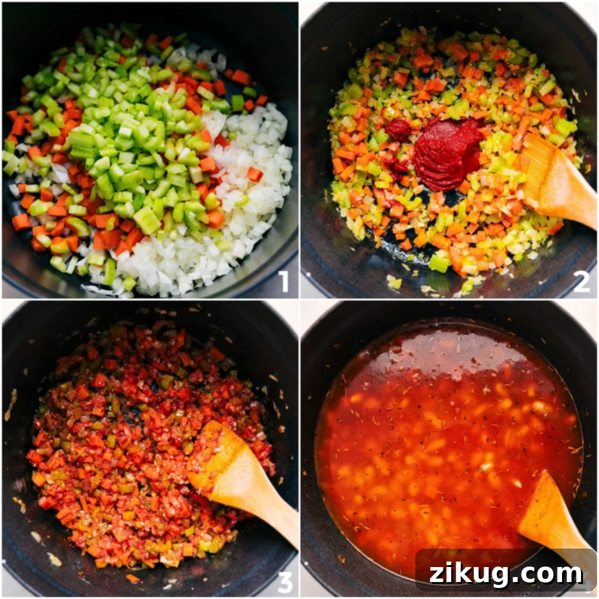 The process of making White Bean Soup, showing sautéing aromatic vegetables, then adding tomato paste, vegetable broth, and cannellini beans to a large pot to simmer and develop rich flavors.