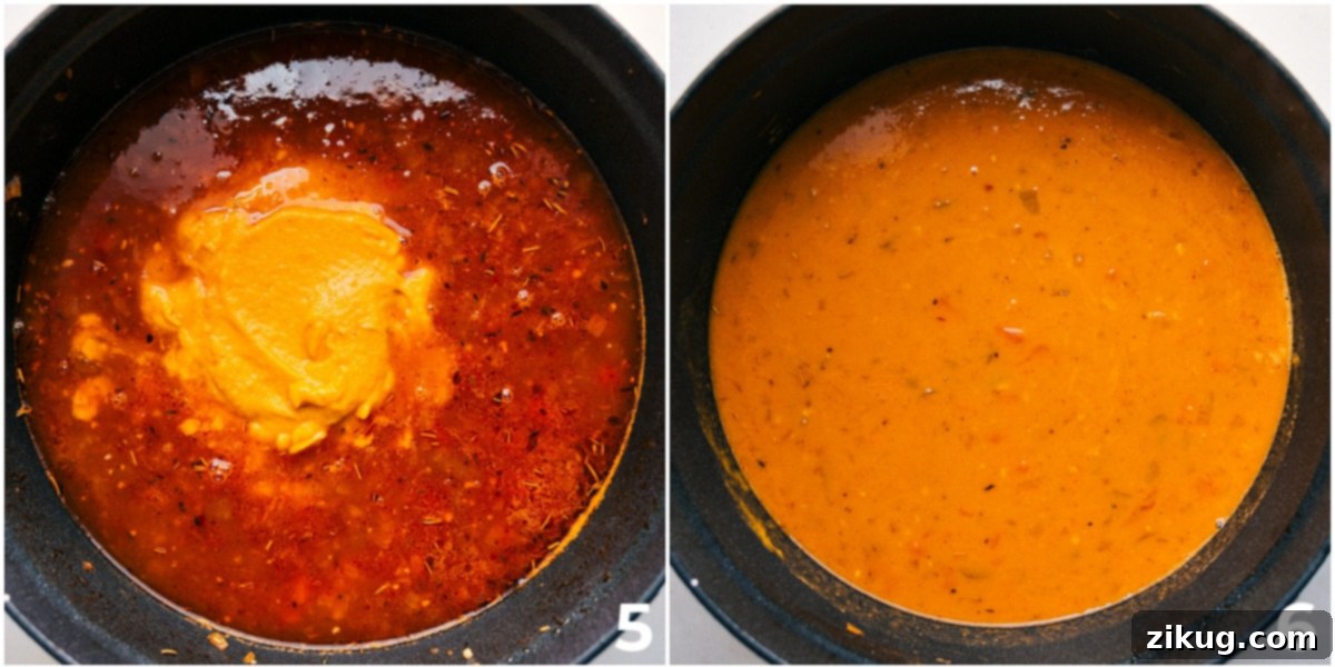 A portion of the White Bean Soup has been removed from the pot and blended until smooth, ready to be poured back into the main pot to create a creamy texture.
