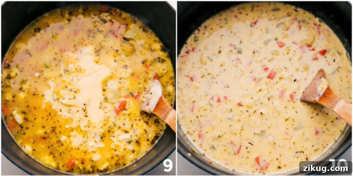 Delicious and Vegetable Loaded Cauliflower Soup Recipe The finished creamy cauliflower soup in a large pot, with a ladle stirring, showing its rich, thick, and smooth texture, ready to be served.