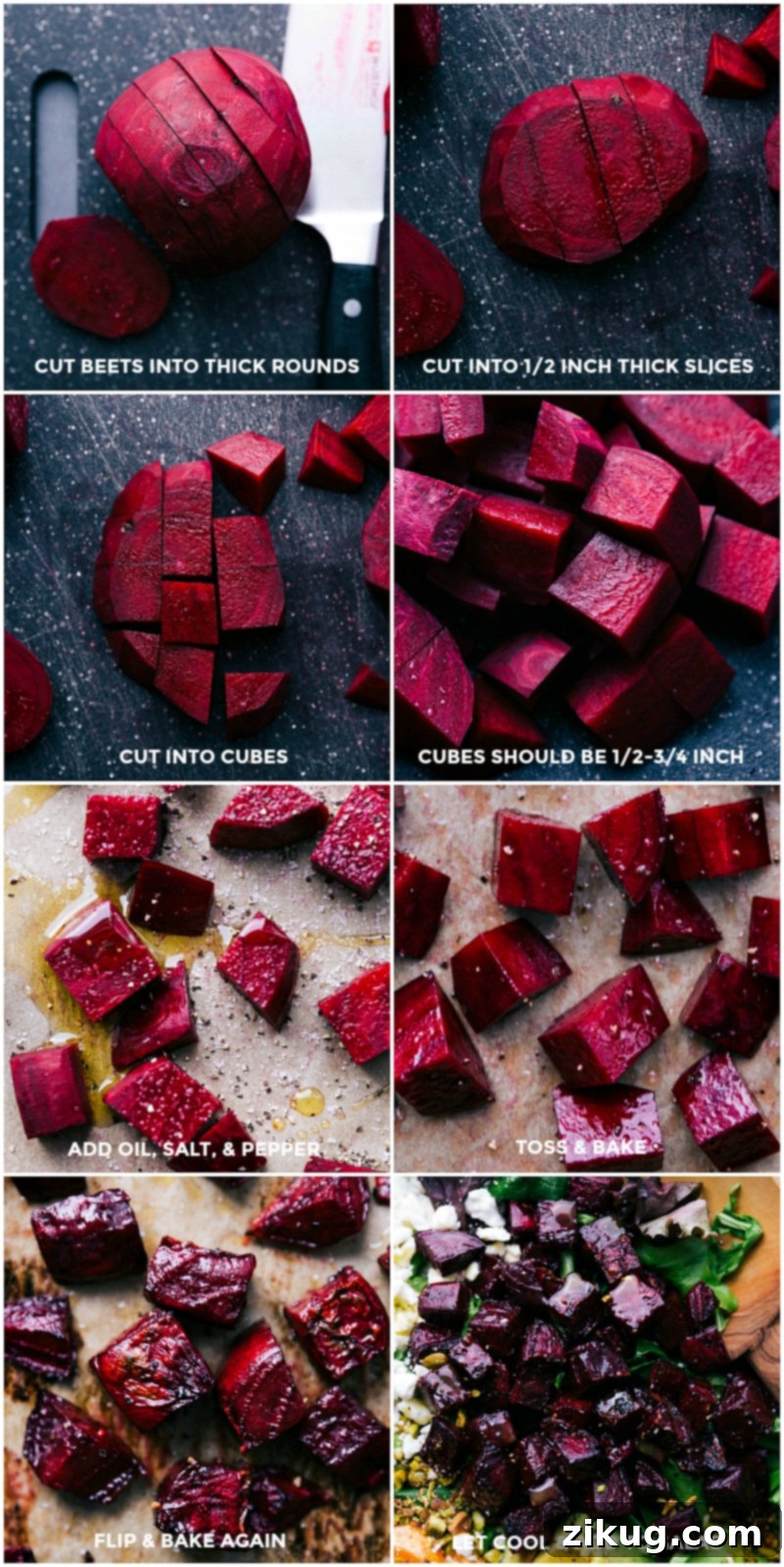 Preparing Beets for Salad: Cutting and Roasting Process Beets being cut and prepared in various stages, leading up to roasting.