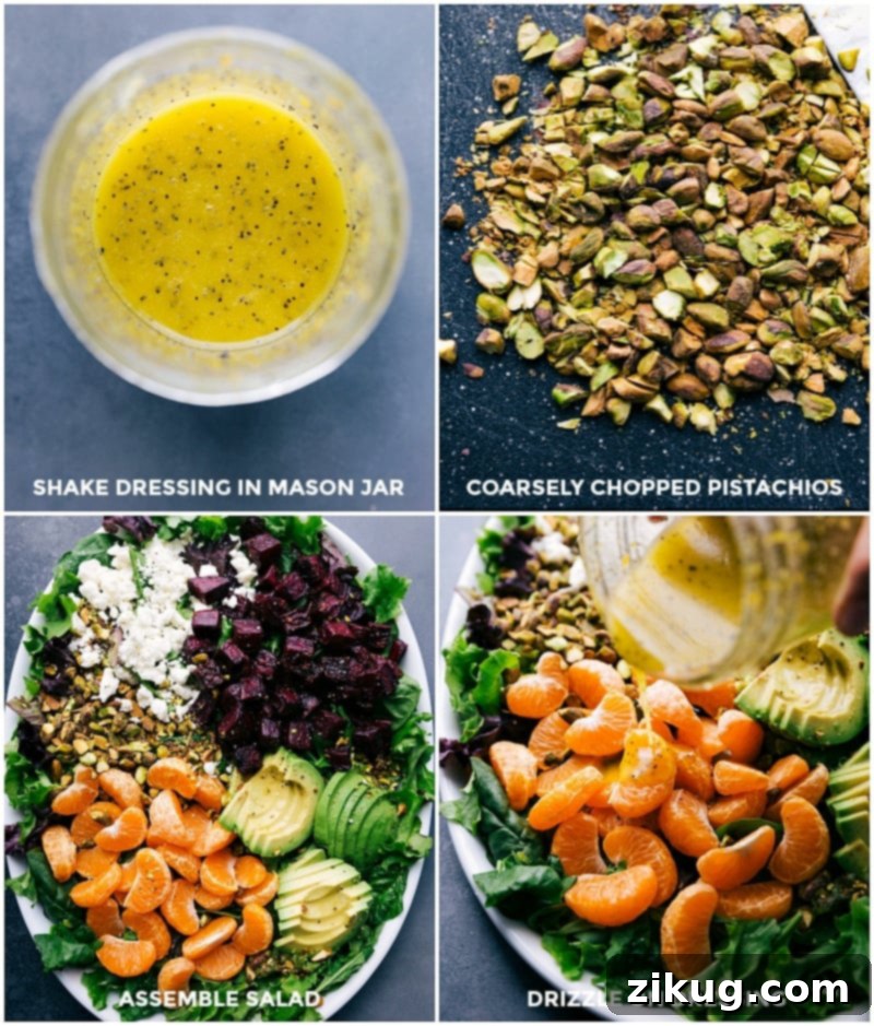Salad Creation: Jarred Dressing, Pistachios, and Beet-Goat Cheese Assembly Steps Dressing in a jar, alongside chopped pistachios, with the beet and goat cheese salad assembly.