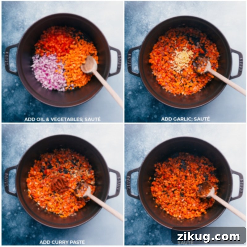 Building the foundation: blooming Panang curry paste with aromatic vegetables for a flavorful and fragrant base. Process images showing coconut oil being heated, followed by chopped red onion, bell pepper, and carrots, and finally Panang curry paste being added to a pot, illustrating the initial cooking steps for building flavor.