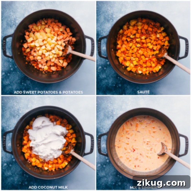 Simmering sweet and golden potatoes in creamy coconut milk for a perfectly tender and flavorful Panang Curry. Process images showing diced sweet potatoes, golden potatoes, and creamy coconut milk being added to a simmering pot. The mixture is being stirred to create a rich and flavorful Panang Curry sauce.