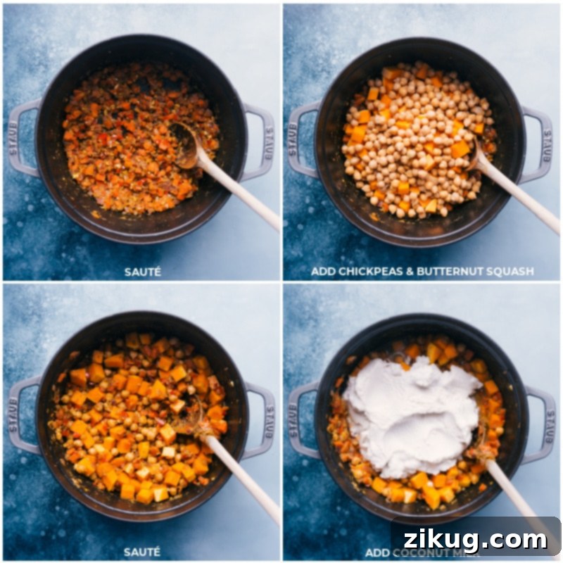 Vegetarian Thai Green Curry combines a medley of aromatic veggies with a vibrant green curry paste, tender butternut squash, and crisp snow peas. Top your bowl with fresh lime and basil for a meal you won't be able to get enough of! Recipe via ChelseasMessyApron #dinner #quick #easy #simple #best #rice #chickpeas #beans #healthy #whole #wholefoods #vegetarian #thai #green #curry Process shots of this Vegetarian Thai Green Curry—images of the chickpeas, butternut squash, and coconut milk being added to the pot