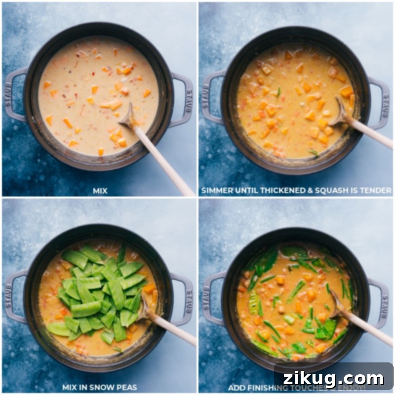 The best ever Vegetarian Thai Green Curry combines a medley of aromatic veggies with a vibrant green curry paste, tender butternut squash, and crisp snow peas in a creamy, indulgent coconut base. Top your bowl with fresh lime and basil for a meal you won't be able to get enough of! Recipe via ChelseasMessyApron #dinner #quick #easy #simple #best #rice #chickpeas #beans #healthy #whole #wholefoods #vegetarian #thai #green #curry Process shots—images of the curry simmering and the snow peas being added and mixed in