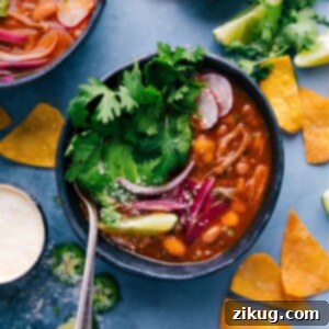Delicious 30-minute Pozole soup in a bowl with fresh toppings.