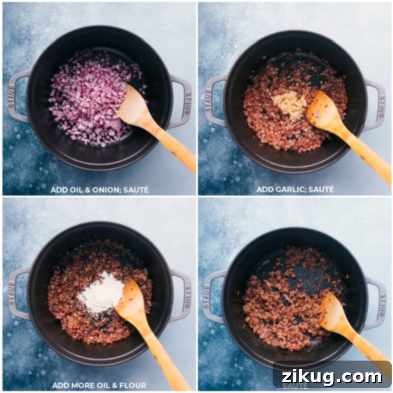 Building the flavor base for a quick and easy 30-minute Pozole soup. Process shots showing onion, garlic, oil, and flour being sautéed in a pot, the aromatic base for Pozole.