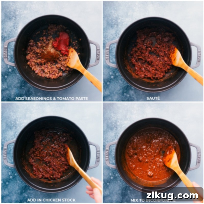 Developing rich flavors: Seasonings and tomato paste for Pozole. Process shots showing seasonings, tomato paste, and chicken stock being added and mixed to create the flavorful Pozole base.
