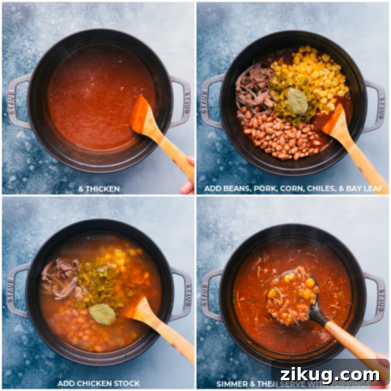 Combining all the delicious ingredients for a quick Pozole meal. Process shots of Pozole showing beans, pork, hominy, chiles, bay leaves, and more chicken stock being added to the pot.