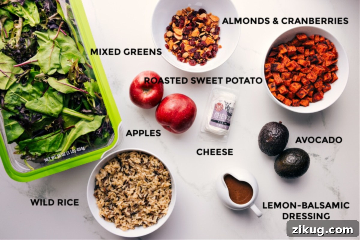 Hearty and nutritious Roasted Sweet Potato Salad ingredients. All the vibrant ingredients for the Fall Salad meticulously prepped and laid out for easy assembly, including mixed greens, cooked wild rice, sliced almonds, dried cranberries, perfectly roasted sweet potatoes, creamy avocado, crumbled cheese, and a jar of homemade lemon balsamic dressing.