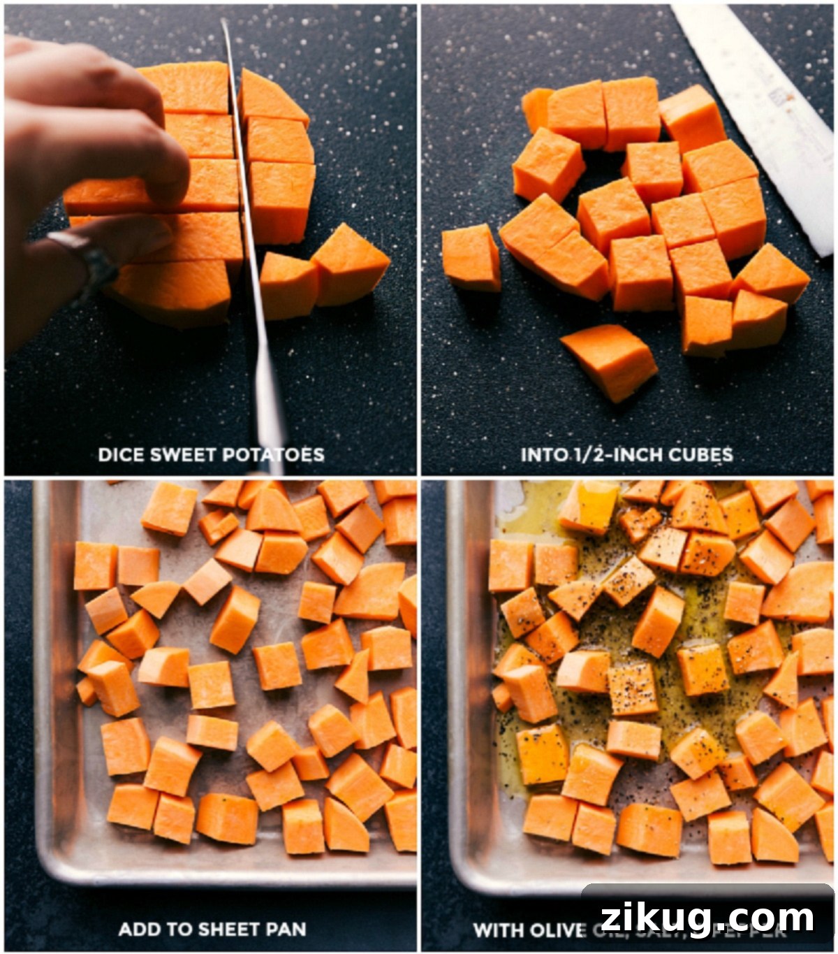 Autumn Bounty Salad 3 Sweet potato cubes spread on a baking sheet, drizzled with olive oil and seasoned with salt and pepper, ready for roasting for the Fall Salad.