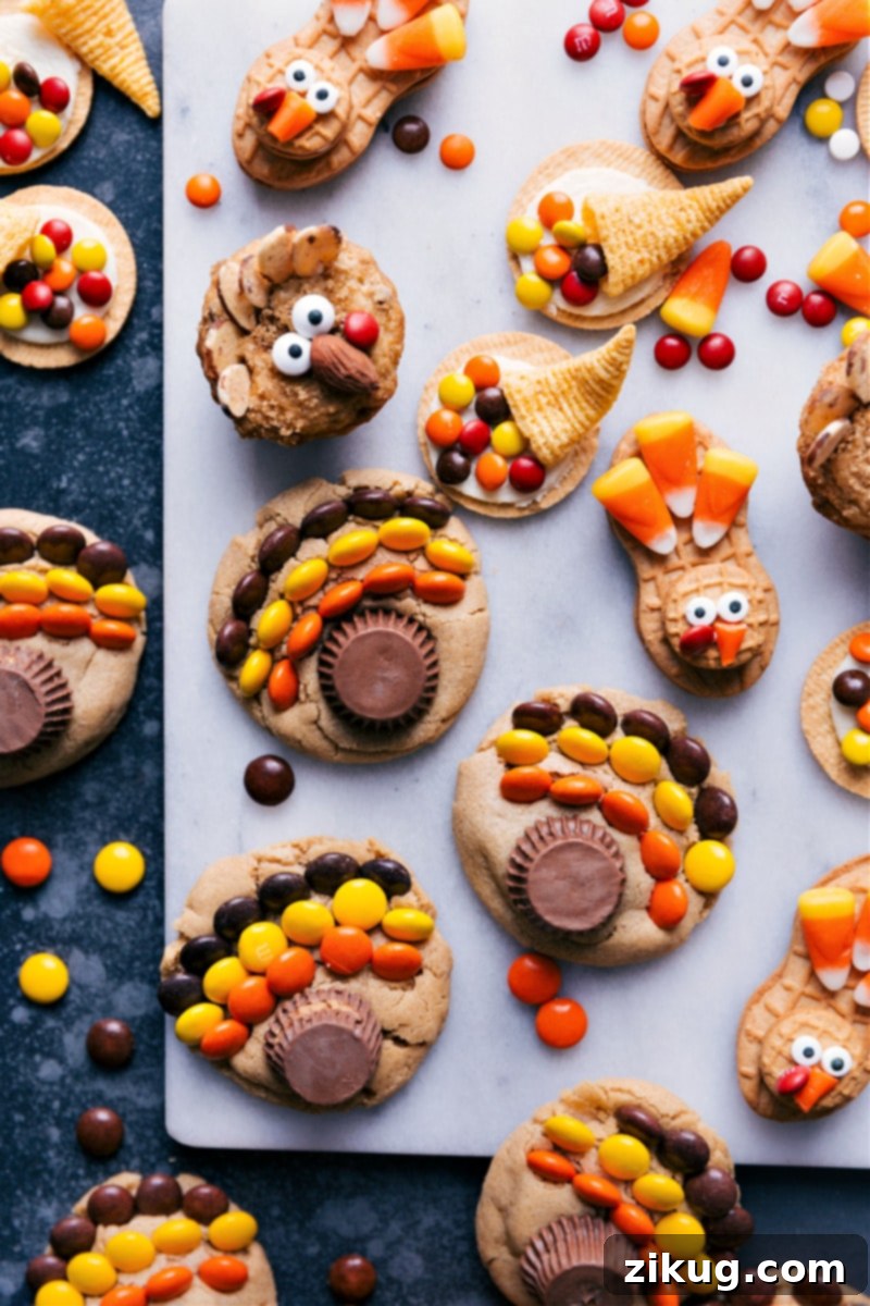 A festive spread of various holiday treats, including Thanksgiving cornucopia cookies.