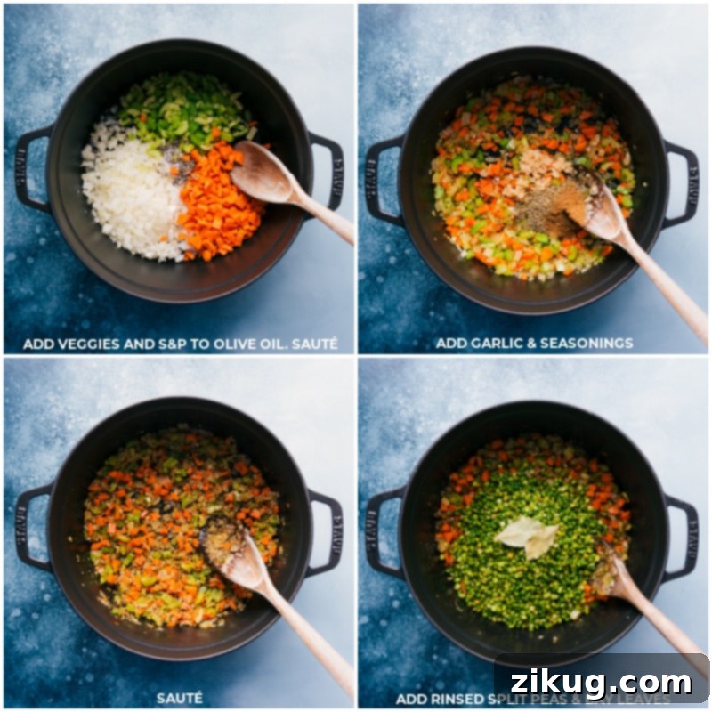 Step-by-step images showing vegetables being sautéed, then split peas and bay leaves being added to the pot for the vegetarian split pea soup recipe.