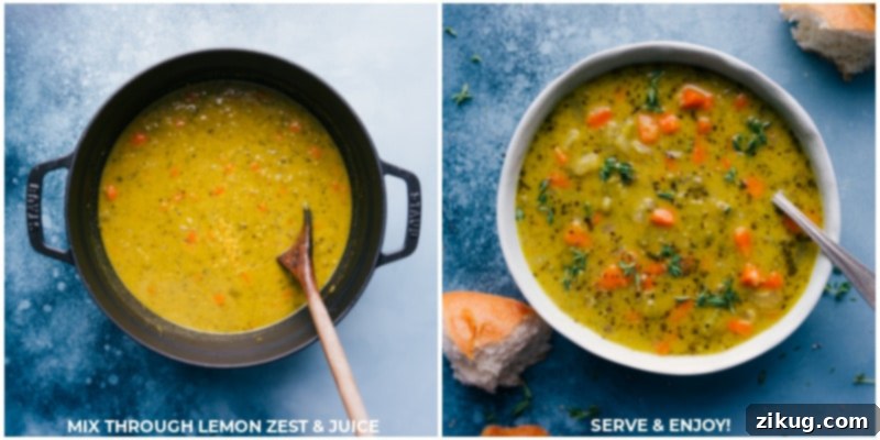 Process shots of fresh lemon juice and zest being added to the vegetarian split pea soup, followed by an image of the finished soup served in a bowl.