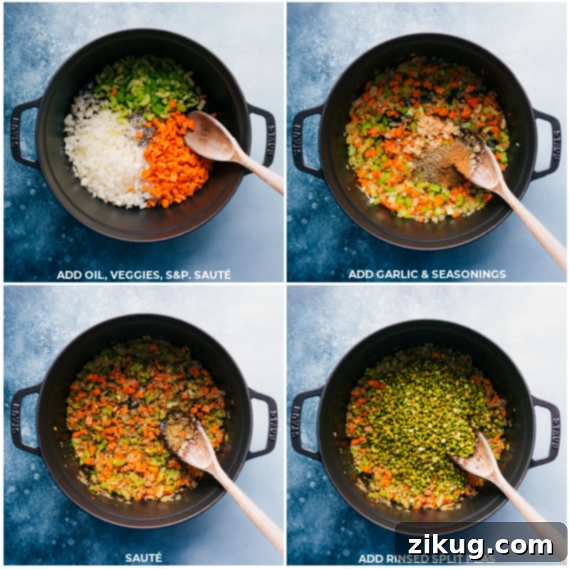 Sautéing Vegetables and Adding Split Peas for Soup Process shots showing finely diced onions, carrots, and celery sautéing in a pot, followed by split peas being added to the vegetables.