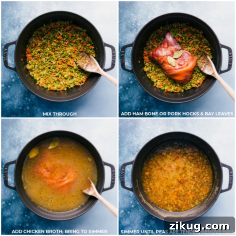 Simmering Split Pea Soup with Ham Bone Process shots depicting a ham bone and bay leaves being added to sautéed vegetables, followed by chicken broth, and the mixture simmering gently in a large pot.