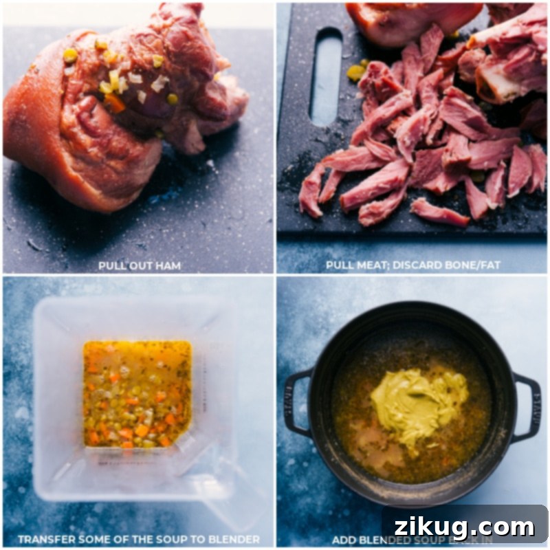 Finishing Steps: Shredding Ham and Blending Soup Process shots illustrating the steps: removing the cooked ham bone from the pot, shredding the tender ham meat, blending a portion of the soup for creaminess, and finally, adding the shredded ham back into the pot.