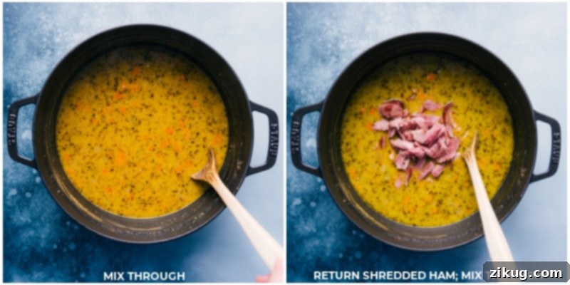 Adding Shredded Ham to Soup Shredded ham being added back into a pot of creamy, green split pea soup, ready for serving.