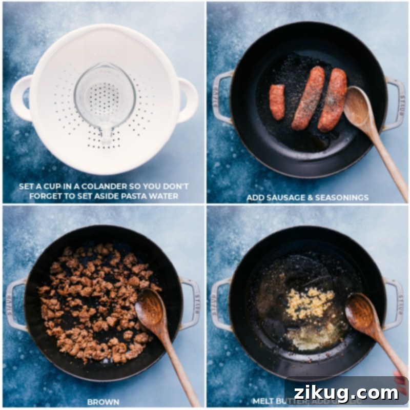 Step-by-step preparation for Creamy Sausage Pasta: from pasta water reminder to browning sausage and garlic. Process shots showing stages of preparing Creamy Sausage Pasta: a measuring cup in a colander to remind to save pasta water, browning and crumbling Italian sausage, and sautéing minced garlic in melted butter.