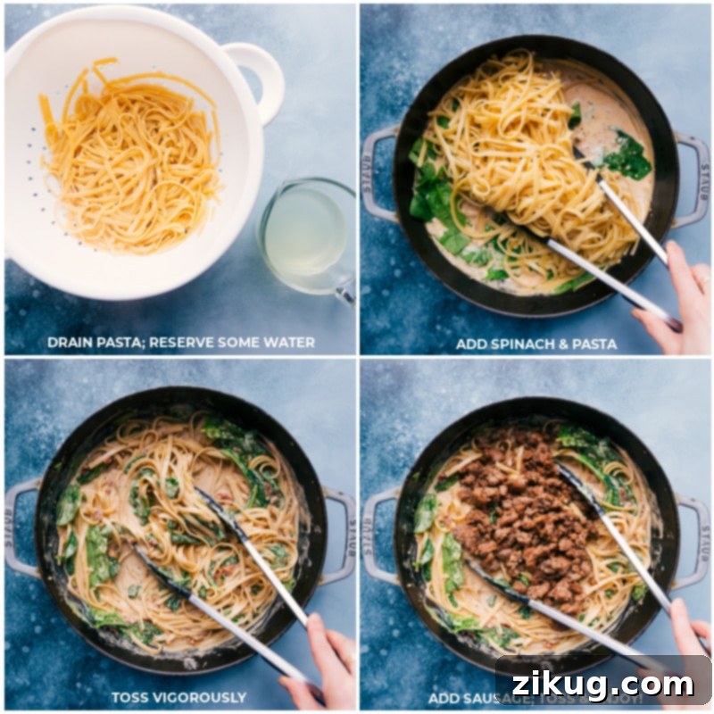 Combining ingredients for Creamy Sausage Pasta: pasta, spinach, and sausage tossed in sauce. Process shots of Creamy Sausage Pasta: draining pasta while reserving water, adding spinach and pasta to the pan, tossing well, then adding sausage and tossing again for a final mix.