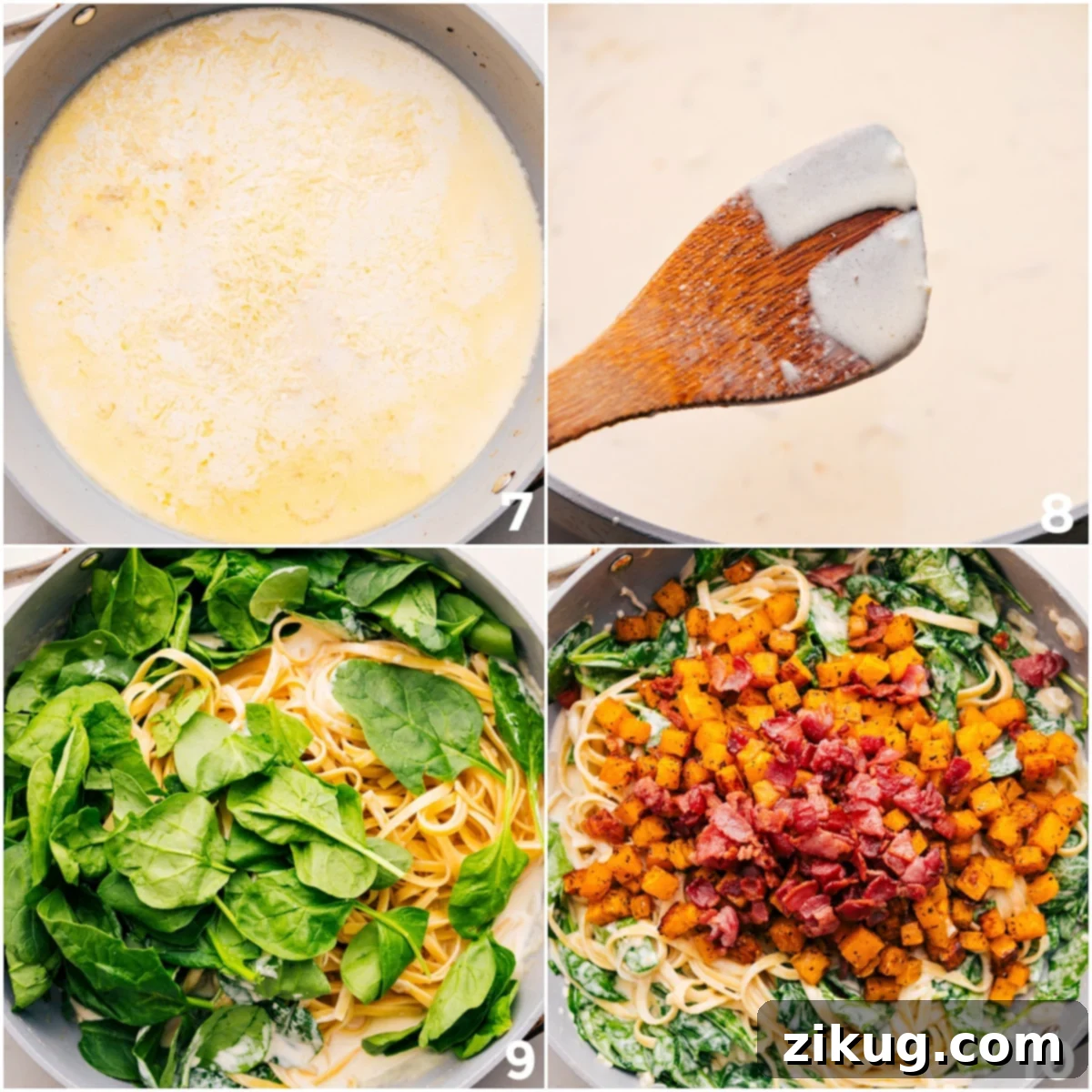 Bringing Together the Cream Sauce and All Ingredients for Butternut Squash Pasta Make the creamy sauce and toss in the fettuccine, spinach, roasted squash, and crispy bacon for this butternut squash pasta, ensuring everything is perfectly coated.