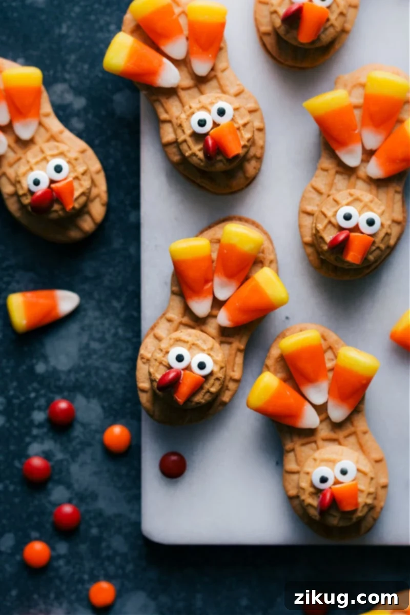 The Tastiest Nutter Butter Turkeys Nutter Butter Turkey Cookies, featuring the adorable finished cookies arranged for Thanksgiving festivities.