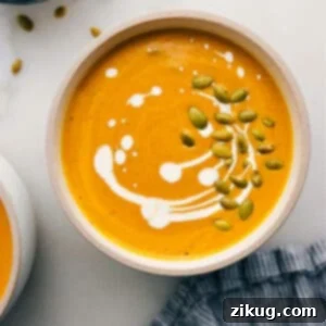 A beautiful bowl of creamy pumpkin soup with garnishes.