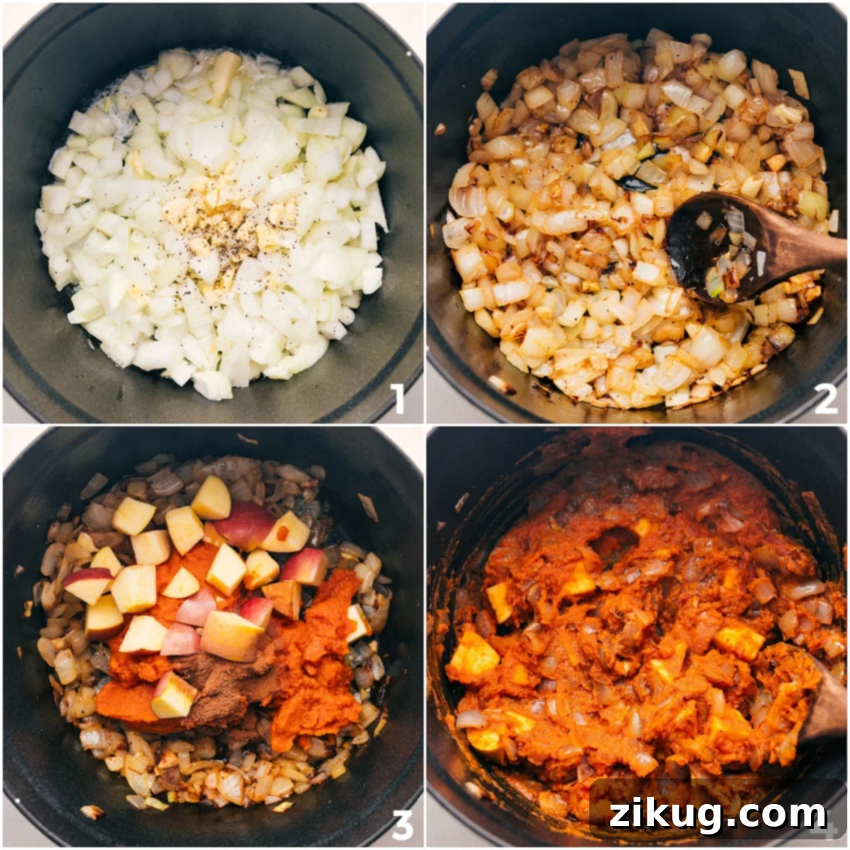 The cooking process for a one-pot pumpkin soup: onions and garlic are sautéed to a golden perfection, followed by the addition of diced apples, rich pumpkin puree, and a blend of fragrant spices, all simmering together to create a harmonious and comforting aroma.