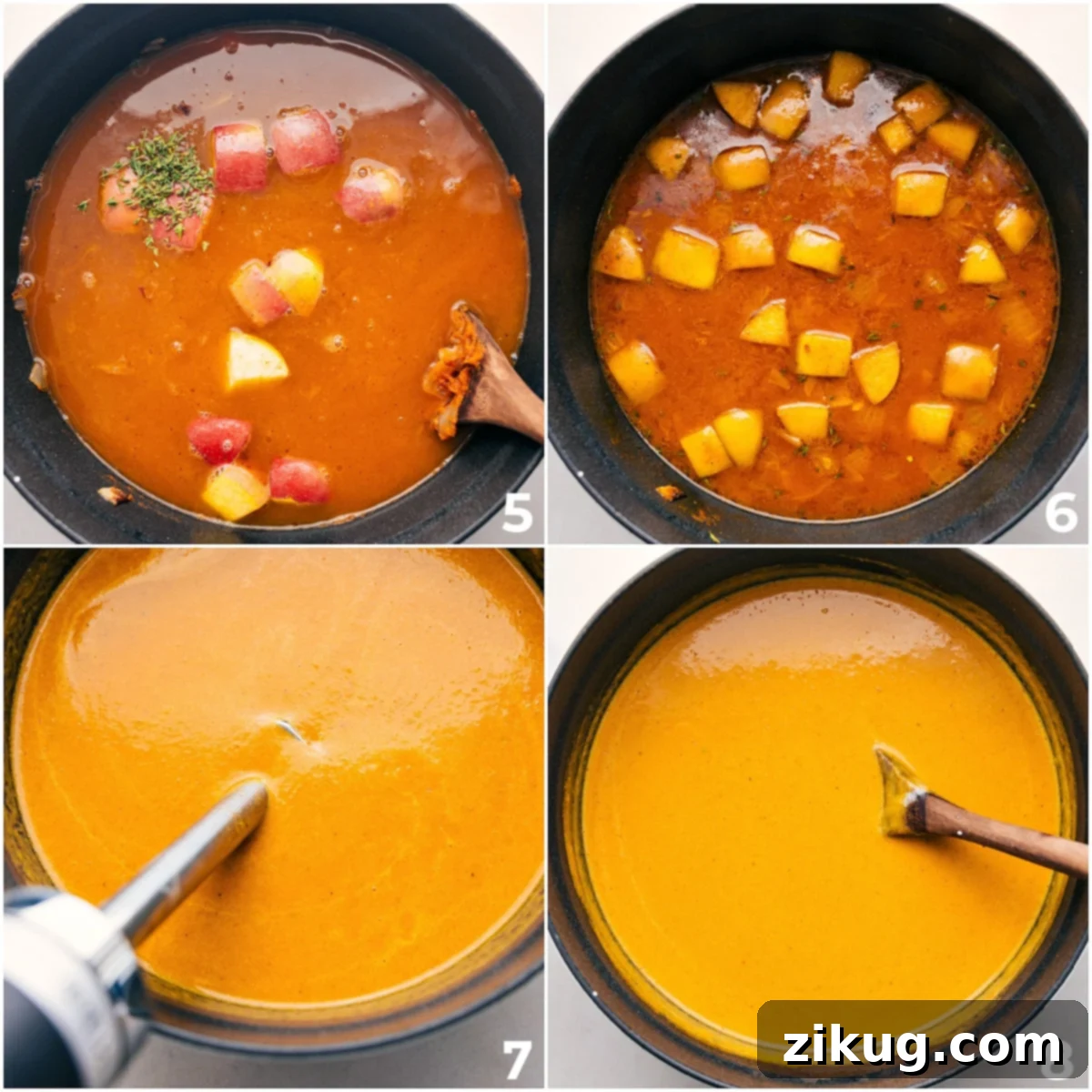 Close-up of creamy pumpkin soup being blended in a large pot with an immersion blender, surrounded by fresh herbs, highlighting the process of achieving a perfectly smooth texture.