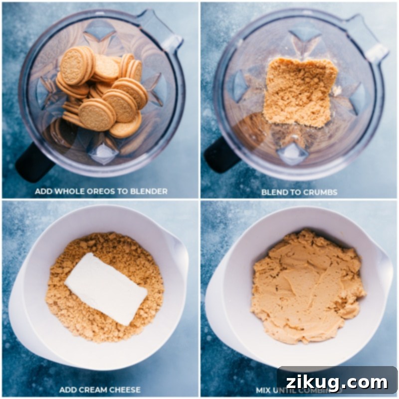 Making Golden Oreo Truffles is simple: blend Golden Oreos, combine with cream cheese, and roll into perfect spheres for an effortless no-bake treat. Process shots showing Golden Oreos being blended into fine crumbs and then mixed with cream cheese to form the truffle dough.