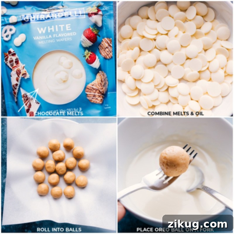 Achieve perfectly smooth white chocolate for dipping Golden Oreo Truffles by gently melting wafers with a touch of coconut oil. Process shots of Golden Oreo Truffles illustrating white chocolate melting in a bowl, ready for dipping.