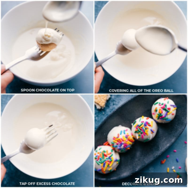 Beautifully dipped Golden Oreo Truffles coated in white chocolate, ready for creative decorations. Process shots of Golden Oreo Truffles being dipped in melted white chocolate, showing the smooth, even coating.