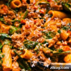 Delicious Creamy Sausage Rigatoni in a serving bowl, ready to be enjoyed.