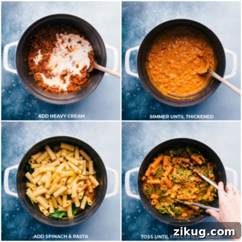 This delicious Sausage Rigatoni is made with everyday ingredients and ready in about 30 minutes. Perfectly cooked rigatoni is tossed in a luxuriously rich sauce with tender spinach and Italian-seasoned sausage. Recipe via ChelseasMessyApron #dinner #quick #easy #simple #best #pasta #stove #familyfriendly #spinach #kidfriendly #sausage #rigatoni Process shots of finishing the Creamy Sausage Rigatoni: adding heavy cream, fresh spinach, and cooked pasta to the pot and mixing everything together until well coated