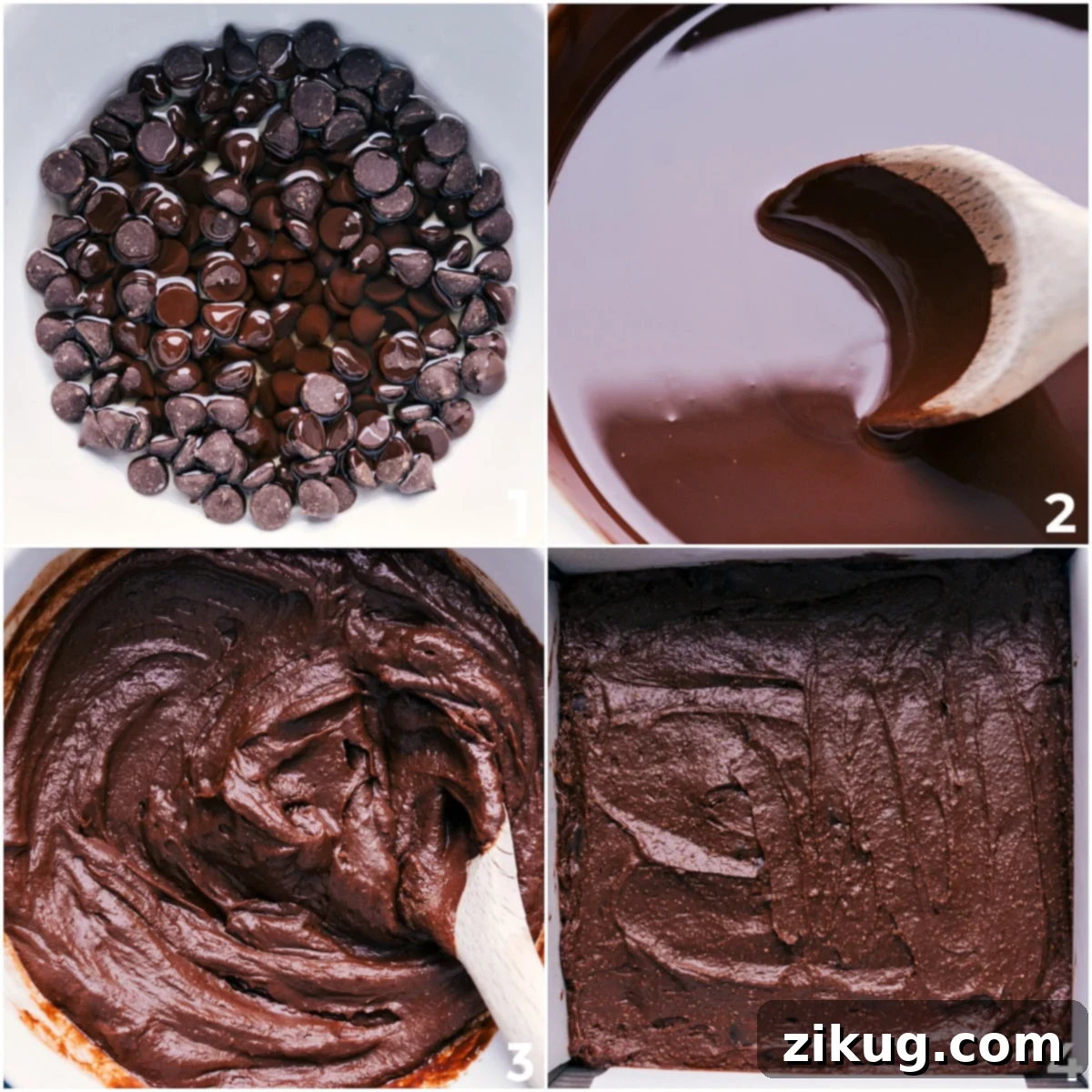 The step-by-step process of creating healthy brownies: from melting chocolate and oil, to combining with other ingredients for a smooth batter, and finally spreading it into a pan for baking.