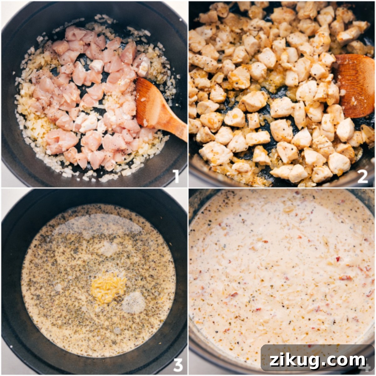 Cooking Chicken and Cream Sauce for Orzo Pasta The cooking process of the One-Pot Chicken Orzo, showing diced chicken breast being sautéed in a large pot on the stovetop, while in another part of the pot, a creamy sauce is being prepared, highlighting the one-pot method.