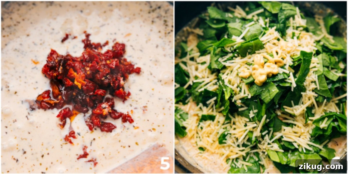 Adding Finishing Touches to Orzo Pasta Recipe Fresh sun-dried tomatoes, grated Parmesan cheese, and vibrant baby spinach are being added to the rich, creamy sauce, ready to be stirred into the Orzo pasta dish.