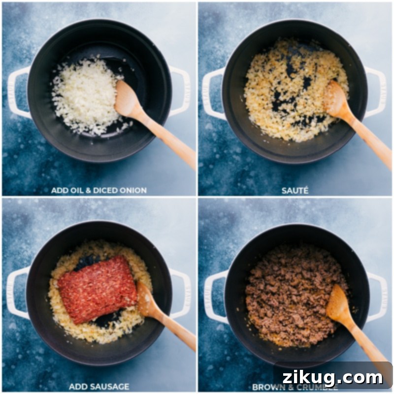 Browning onions and sausage for creamy rigatoni Step-by-step image showing onions caramelizing in olive oil, followed by Italian sausage browning alongside the onions in a large pan.