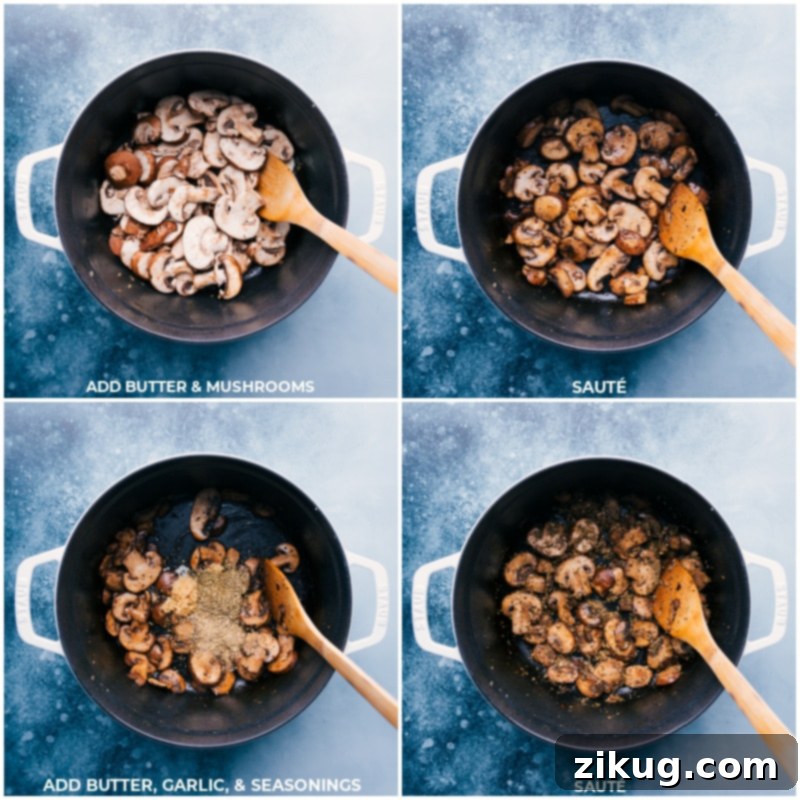 Sautéing mushrooms and garlic for the creamy sauce Cooking mushrooms in butter, then adding minced garlic and Italian seasonings, stirring until fragrant and golden.