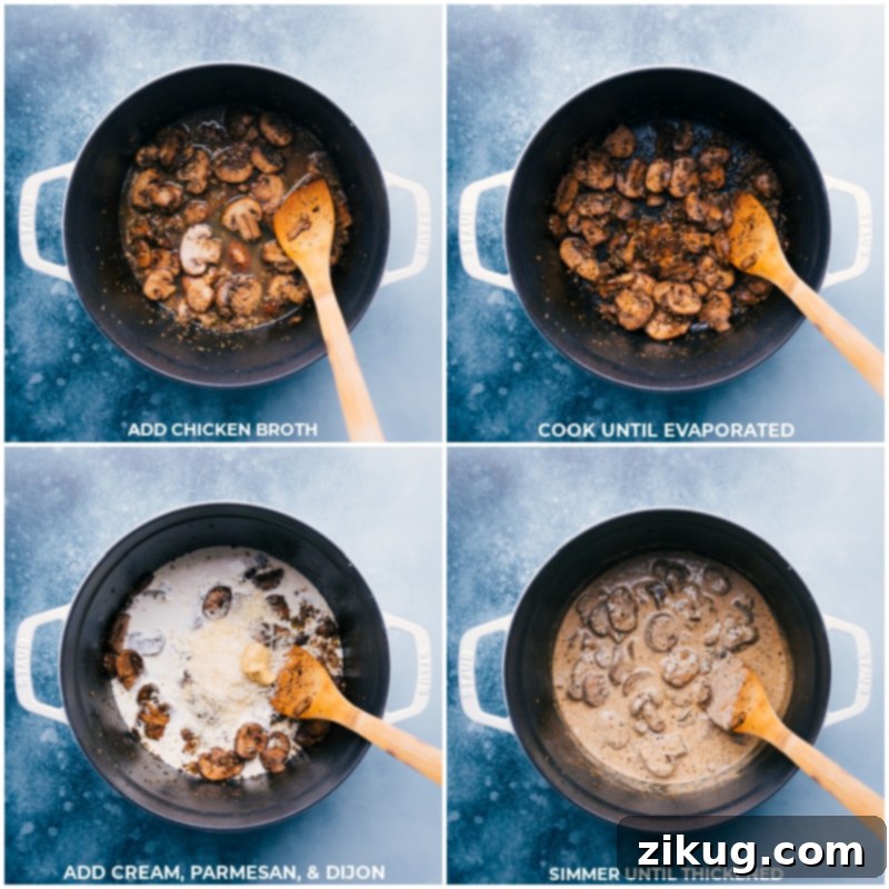 Developing the creamy sauce for rigatoni pasta The process of adding chicken broth to cooked mushrooms, reducing it, then stirring in heavy cream, Parmesan cheese, and Dijon mustard to thicken the sauce.