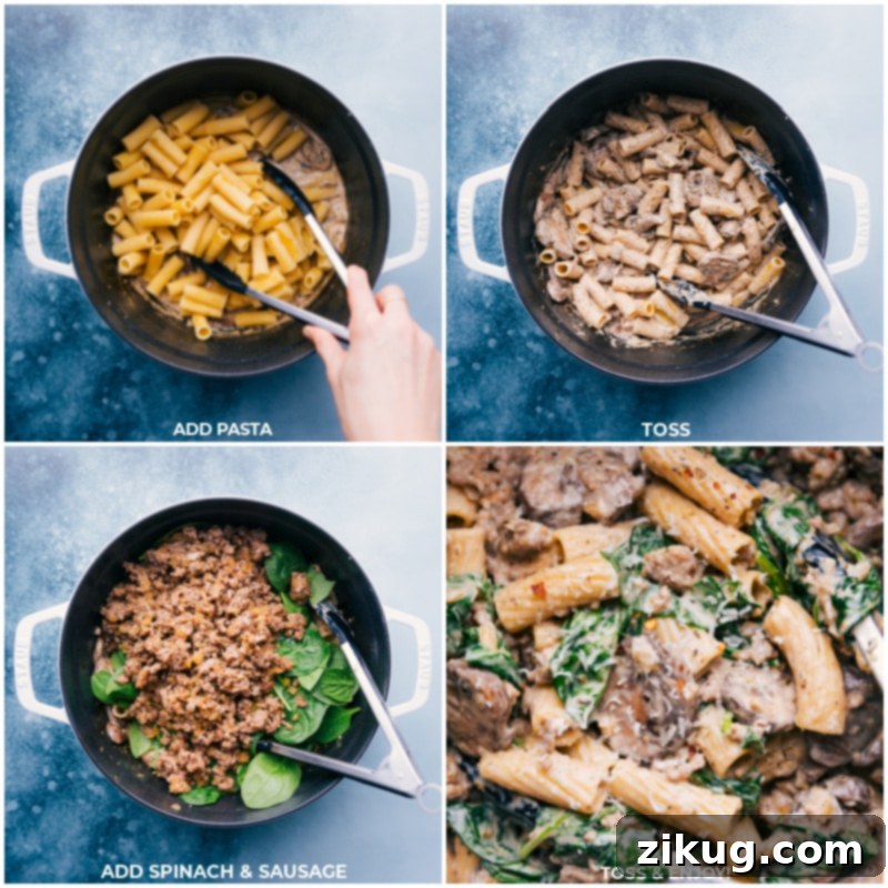 Combining pasta, sauce, sausage, and spinach Cooked rigatoni pasta being tossed with the creamy sausage and mushroom sauce, followed by adding fresh spinach and combining all ingredients.