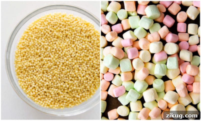 Close-up of acini de pepe pasta and miniature marshmallows, key ingredients for Frog Eye Salad.