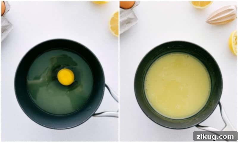 Process shots showing how to make the creamy custard base for Frog Eye Salad.