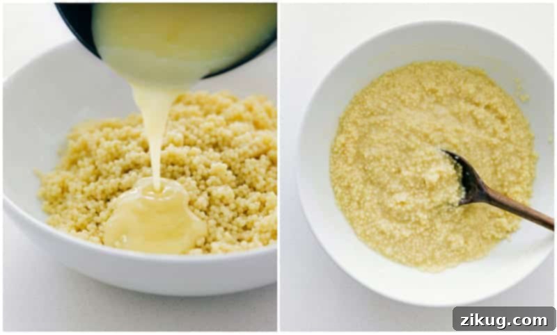 Process shots: pouring the creamy custard over the cooked acini de pepe pasta for Frog Eye Salad.
